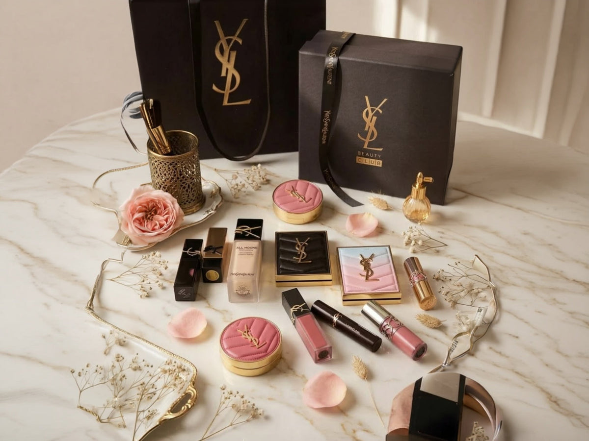 Yves Saint Laurent products styled flatlay at YOR