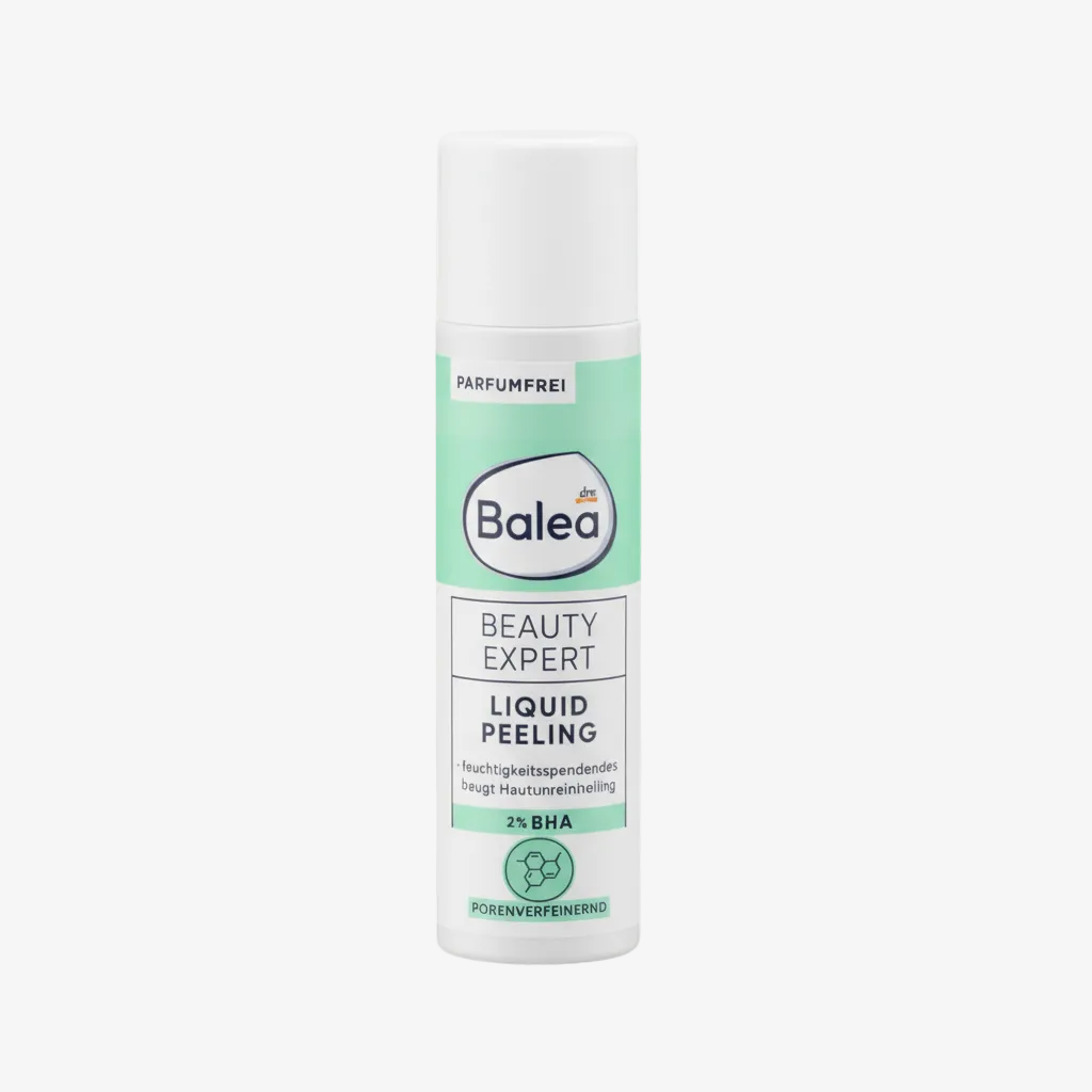 Balea Beauty Expert Liquid Peeling bottle on a light green background
