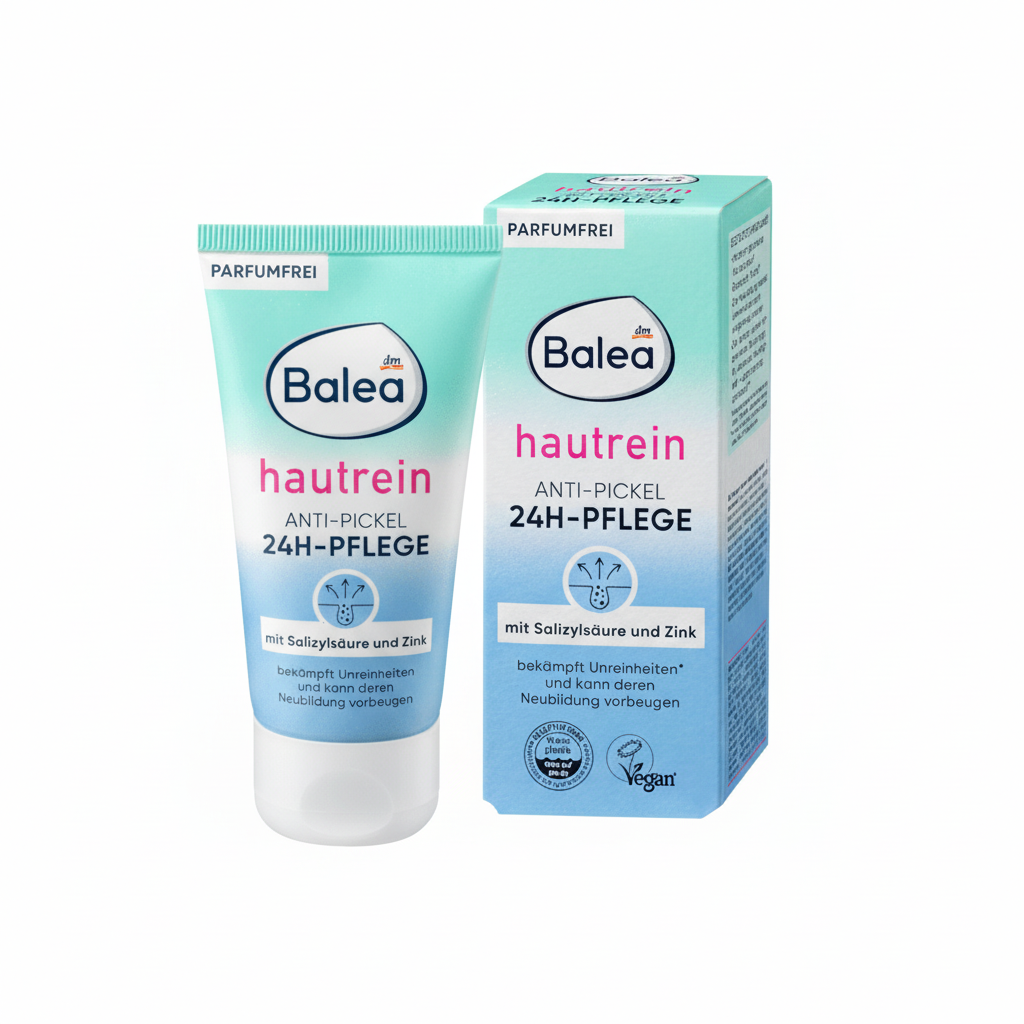 Balea Hautrein anti-pickel 24H-Pflege cream tube and packaging on a white background