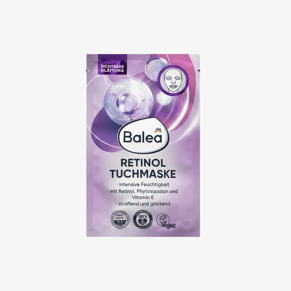 Balea Retinol Tuchmaske packaging with purple and white design