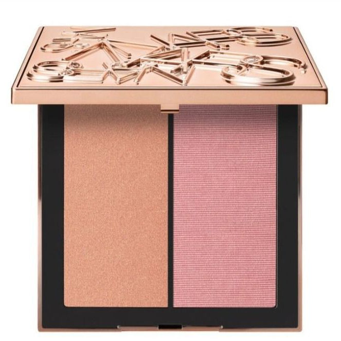 Makeup palette with two shades of blush on a white background