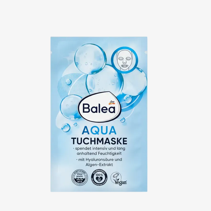Balea Aqua Tuchmaske face mask packaging on a light blue background