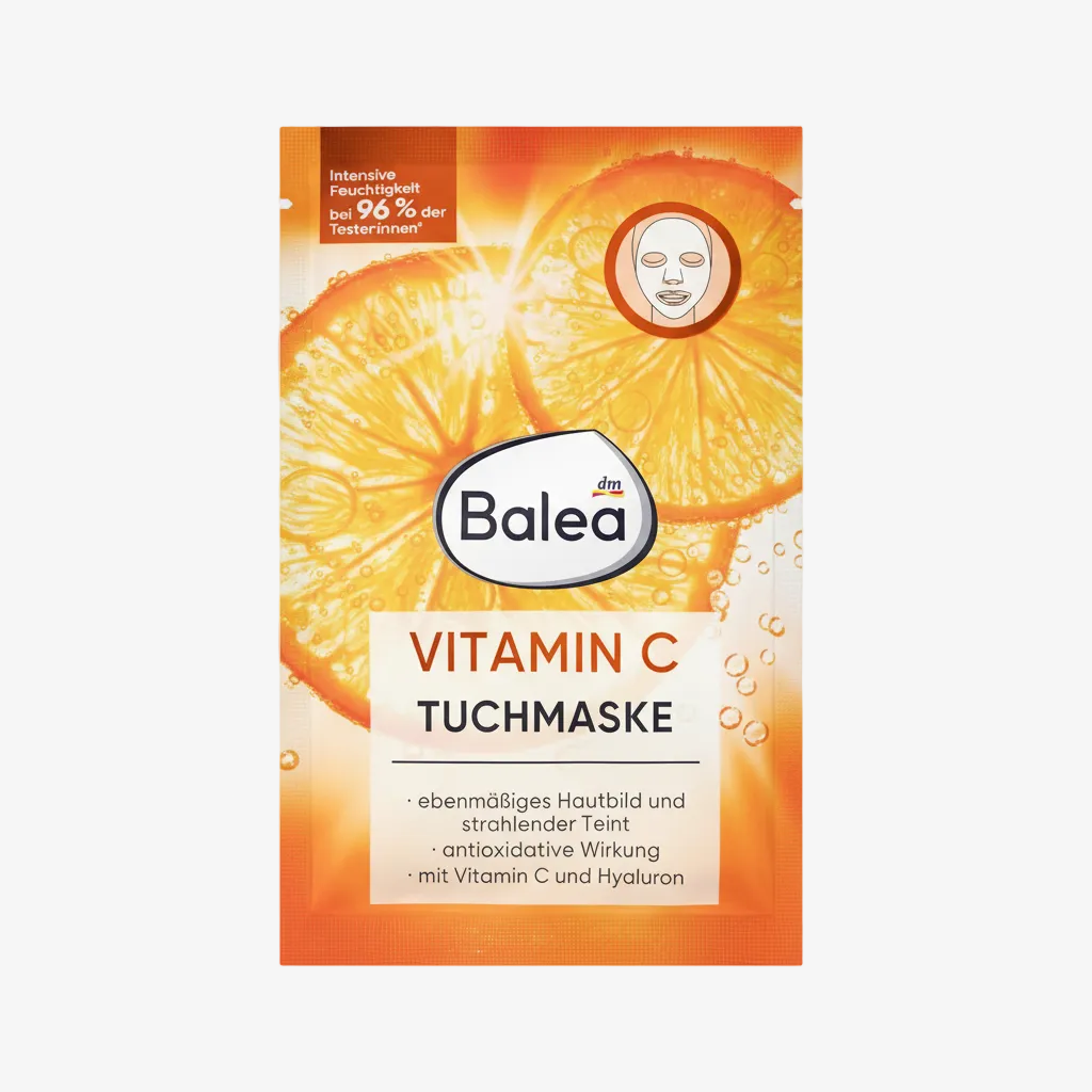 Balea Vitamin C face mask packaging with orange slices on a white background