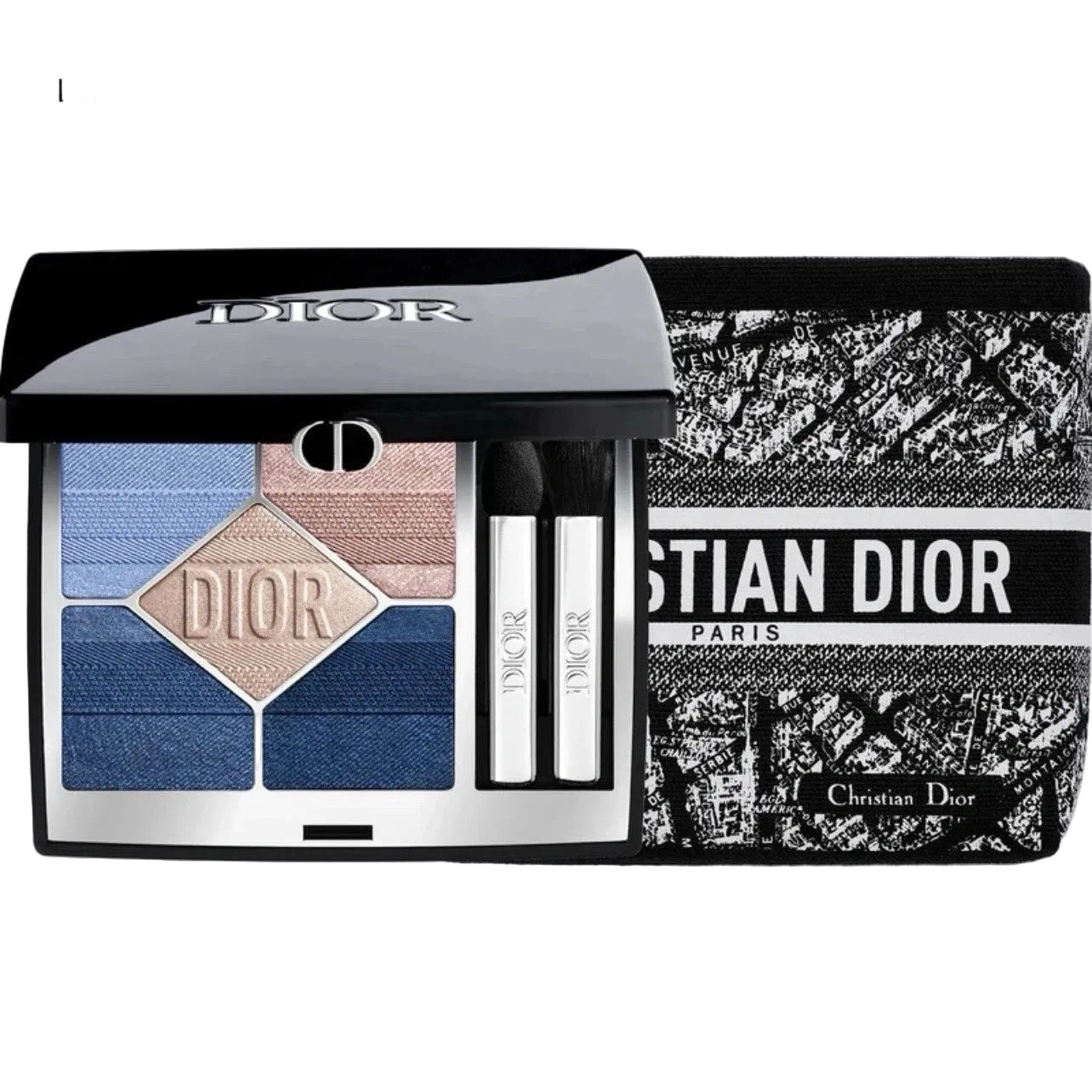 Christian Dior makeup set with eyeshadow palette and lip products on a white background