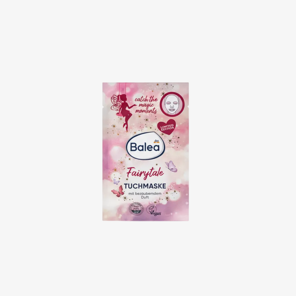 Balea Fairytale Face Mask packaging with fairy and product images on a pink background