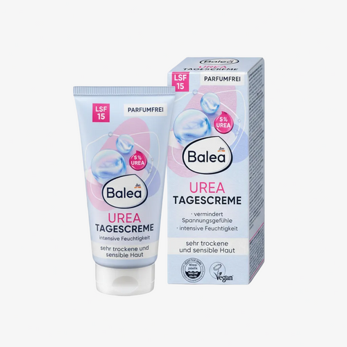 Balea Urea Day Cream packaging with tube and box on a green background