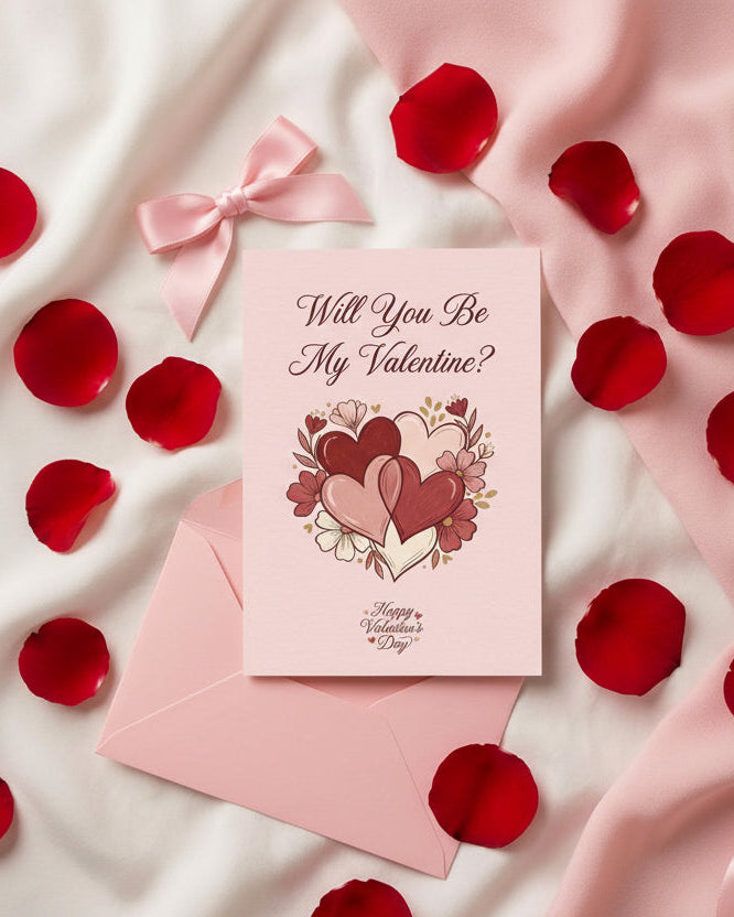 Valentine's Day card with red rose petals and pink ribbons on a soft fabric background