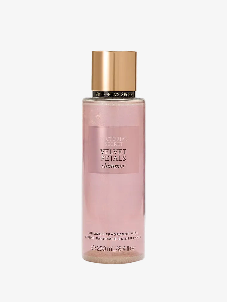 Victoria's Secret Velvet Petals shimmer fragrance mist bottle on a white background